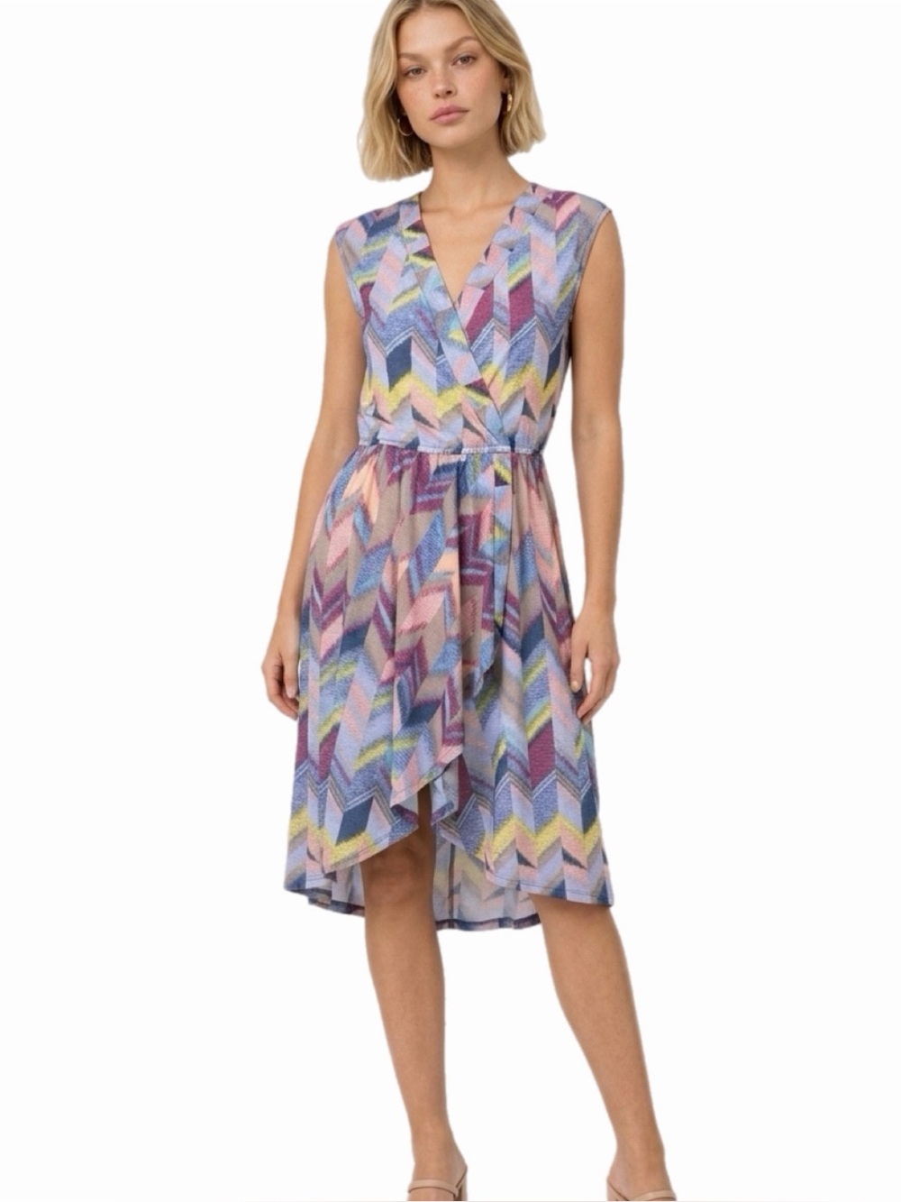 BCBGMAXAZRIA Multi-Color Sleeveless Surplice Asymmetrical Midi Dress - Size XS